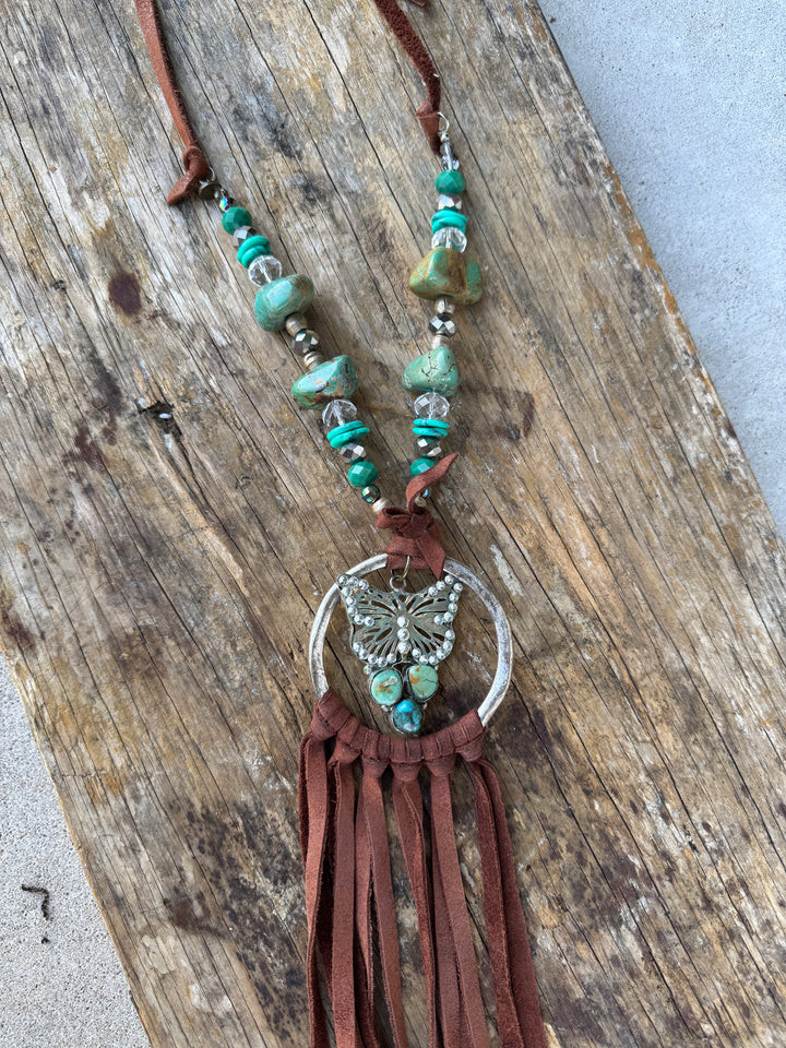 Real Turquoise Pebble with Suede Silver Plated Necklace