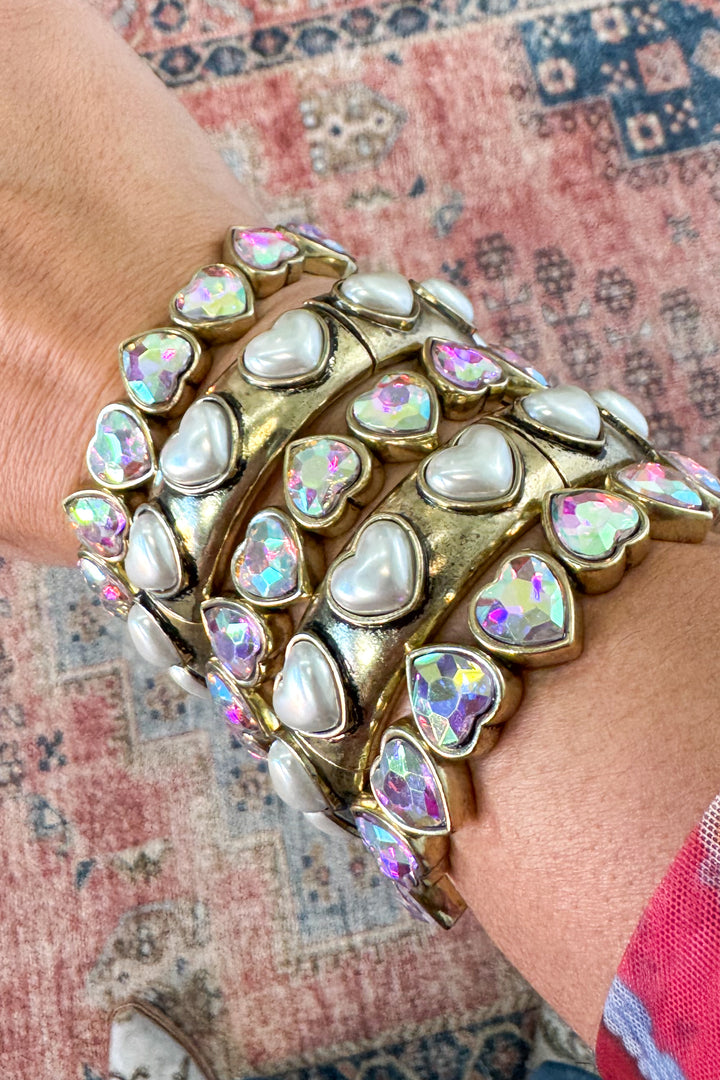 Gold Tone Pearl Heart Stretch Bracelet (EACH SOLD SEPARATELY)