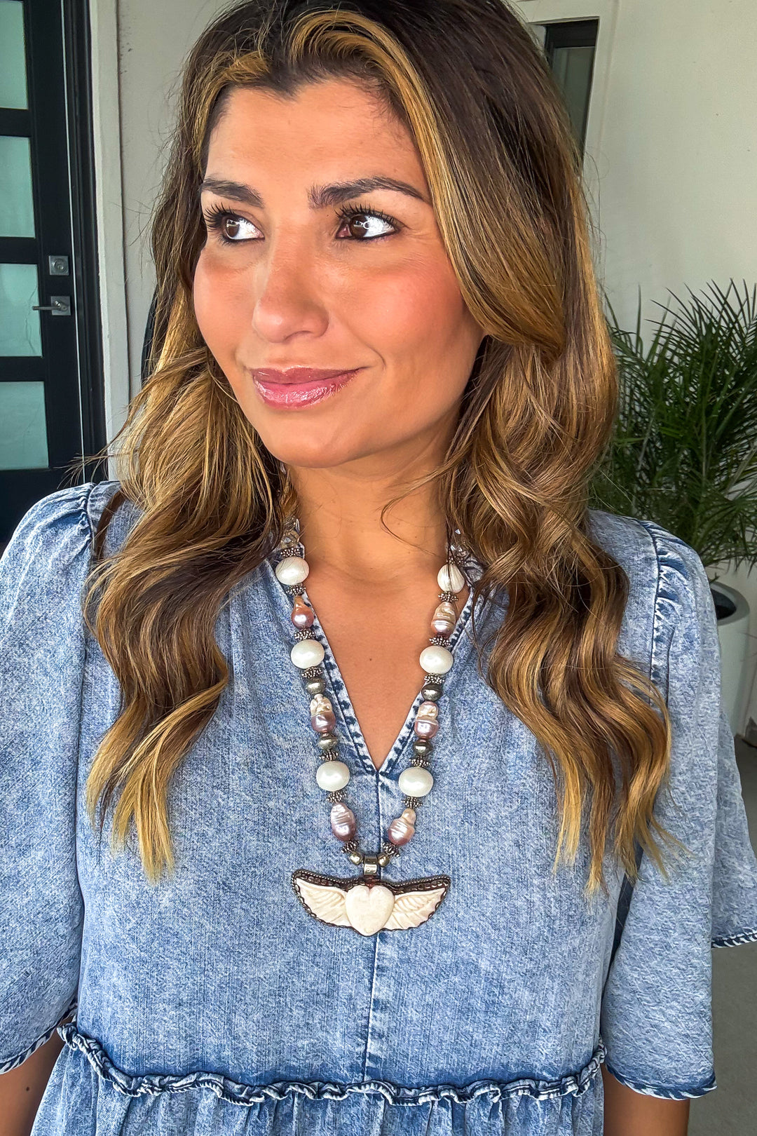 Angel Heart Bone Necklace with Fresh Water Pearls