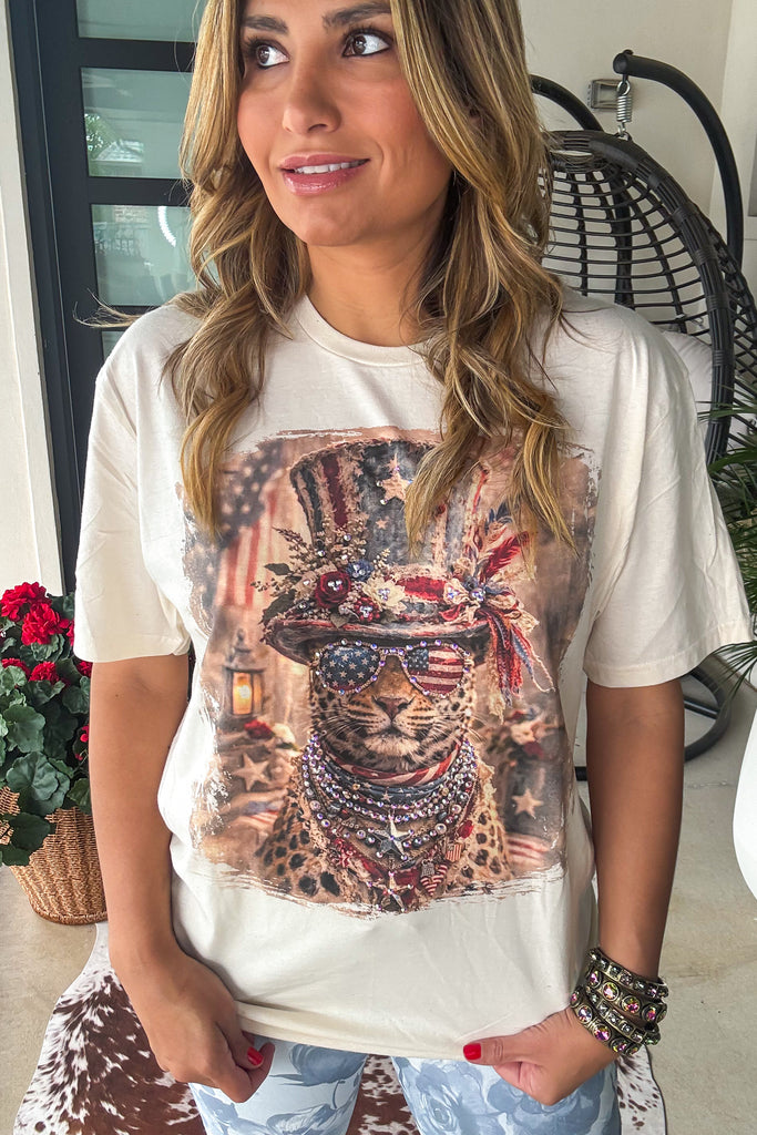 Star Spangled Rhinestones Cheetah Shirt - 100% Cotton