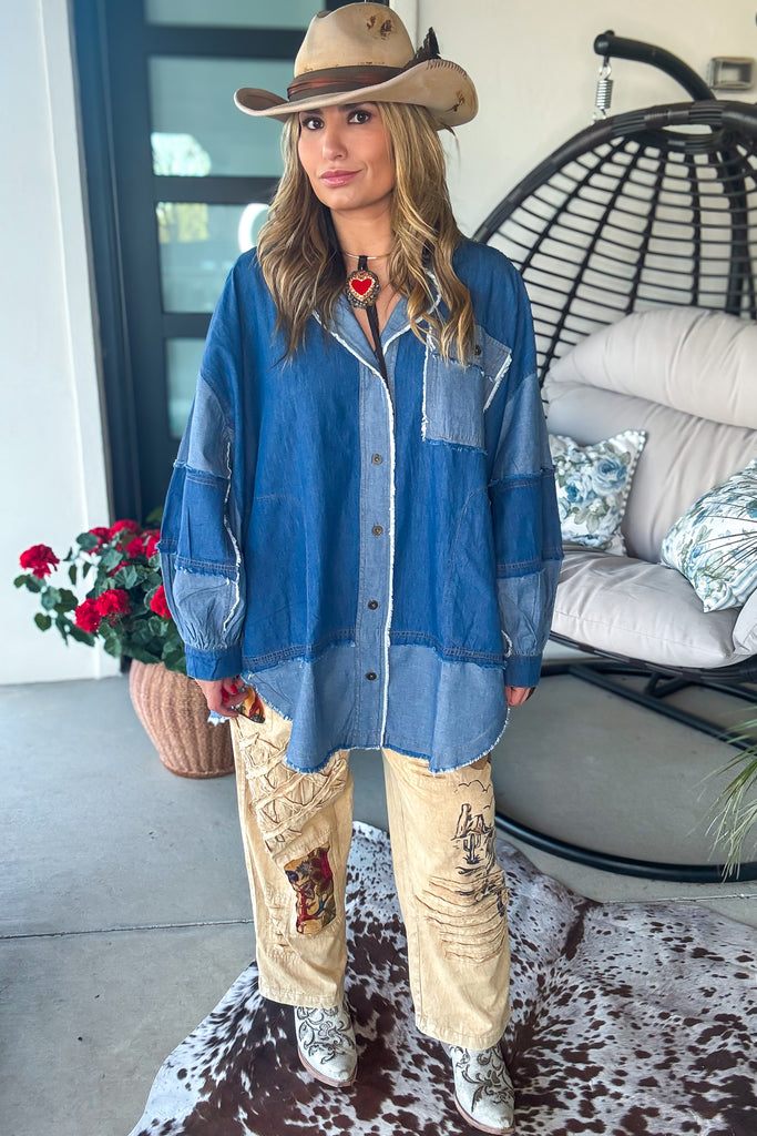 Peace Sign Patchwork Denim Oversized Top - 100% Cotton