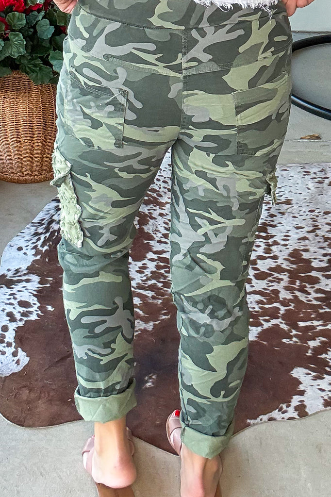 Made in Italy Scrunchy Stretch Cargo Jogger Pants – Ultra Comfortable - Green Camo Sequin (Size 6 to 24)