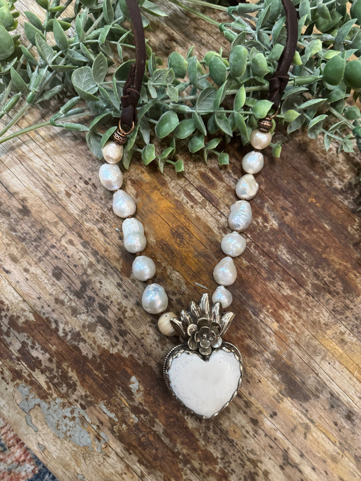Bone Heart Pendant with Fresh Water Pearls - Handmade in Texas