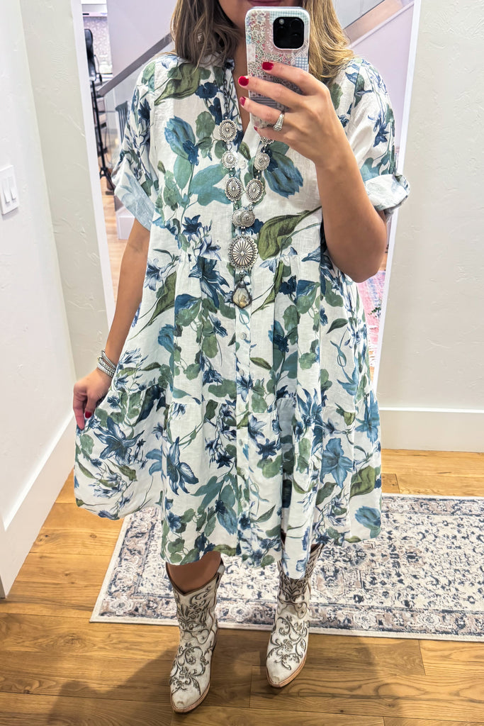 Coastal Floral Linen Dress - Made In Italy - 100% Linen