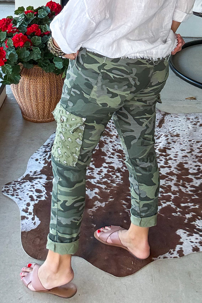 Made in Italy Scrunchy Stretch Cargo Jogger Pants – Ultra Comfortable - Green Camo Sequin (Size 6 to 24)