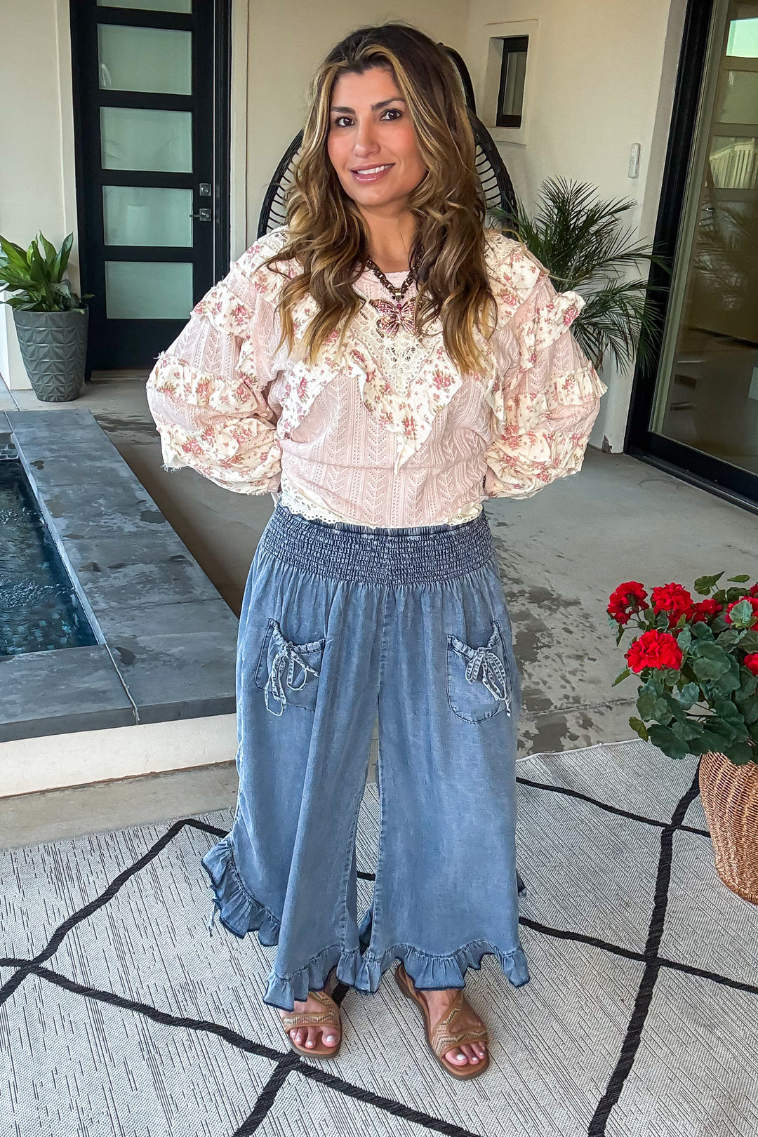 Smocked Ruffle Hem Side Tie Chambray Pants - Denim