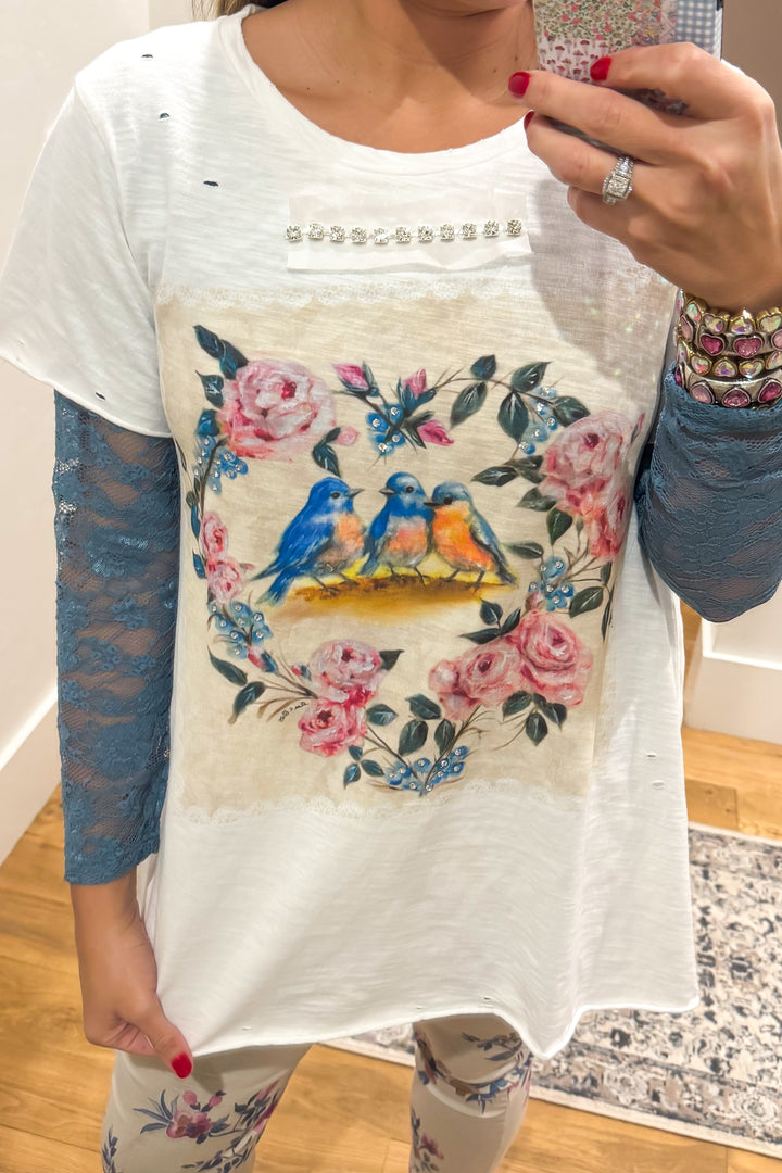 Songbirds Floral Cotton Top - 100% Cotton - Short Sleeve - Made in USA