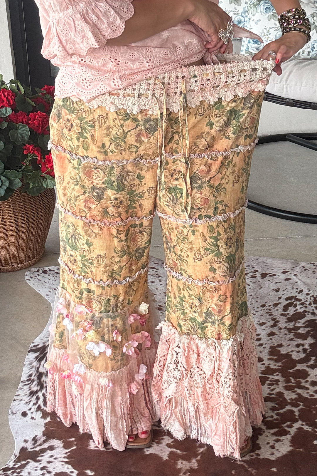 Boho Floral Lace Pants Elastic Waist - 100% Cotton