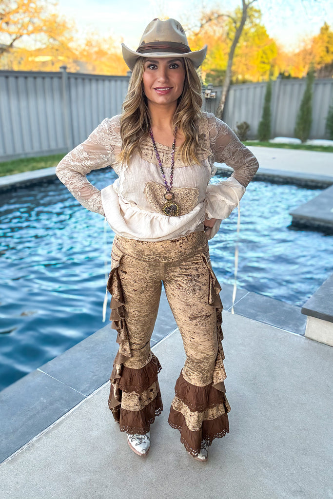 Velvet Butterfly Ruffled Leggings - Brown