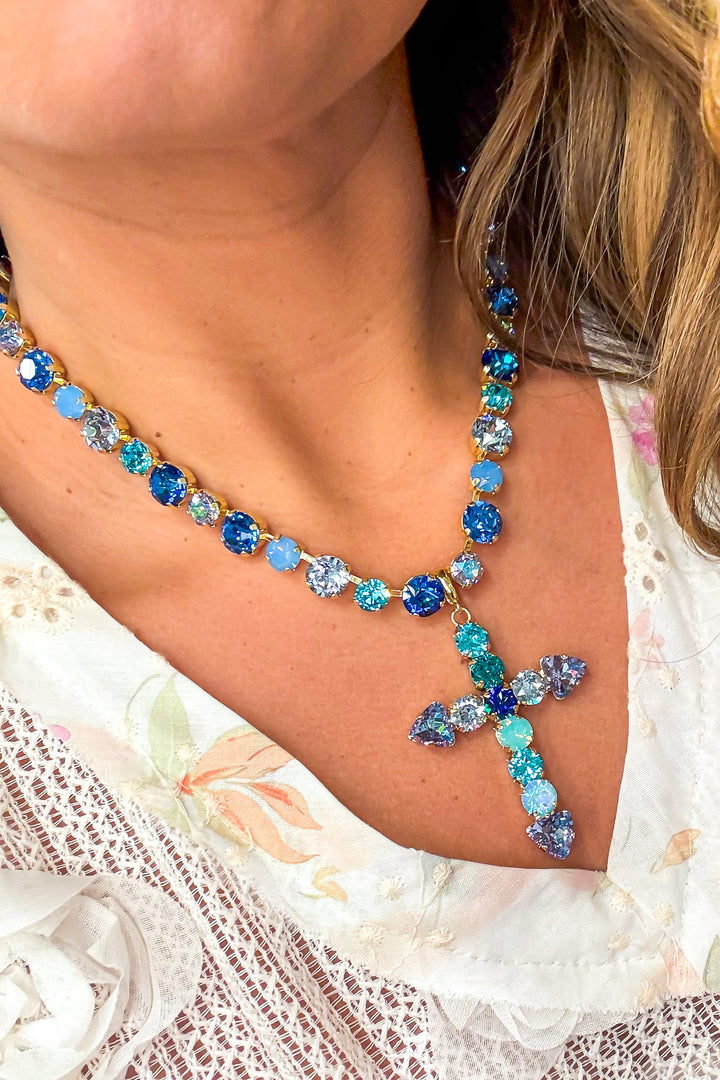 WAFA Austrian Crystal Cross Necklace - Blue