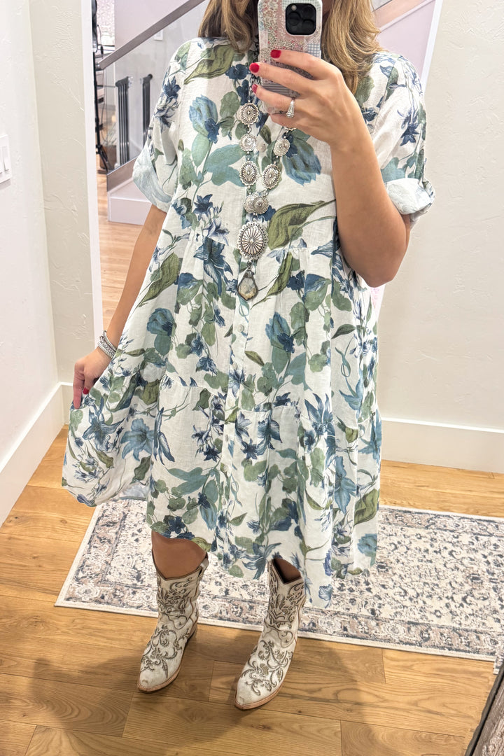 Coastal Floral Linen Dress - Made In Italy - 100% Linen