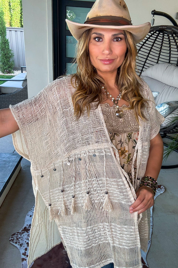 Starlit Sand Tie Front Cardigan - 100% Cotton - Natural