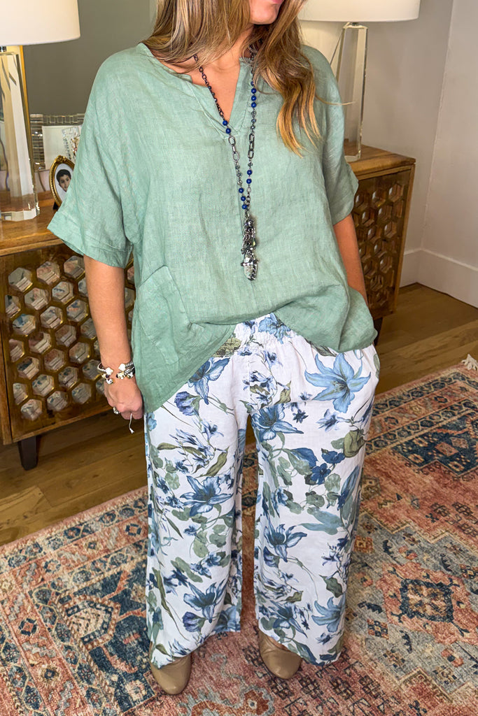 Made In Italy Blue Lillies Linen Pants - Ivory