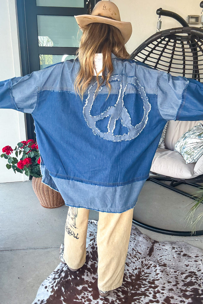 Peace Sign Patchwork Denim Oversized Top - 100% Cotton