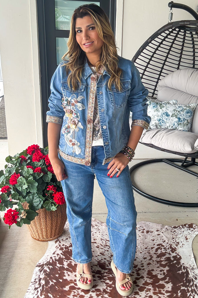 One of a Kind - Rhinestone Bloom Denim Jacket - Denim
