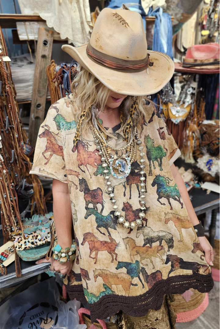 Wild Spirit Horse Print Cotton Linen Top – Made in USA