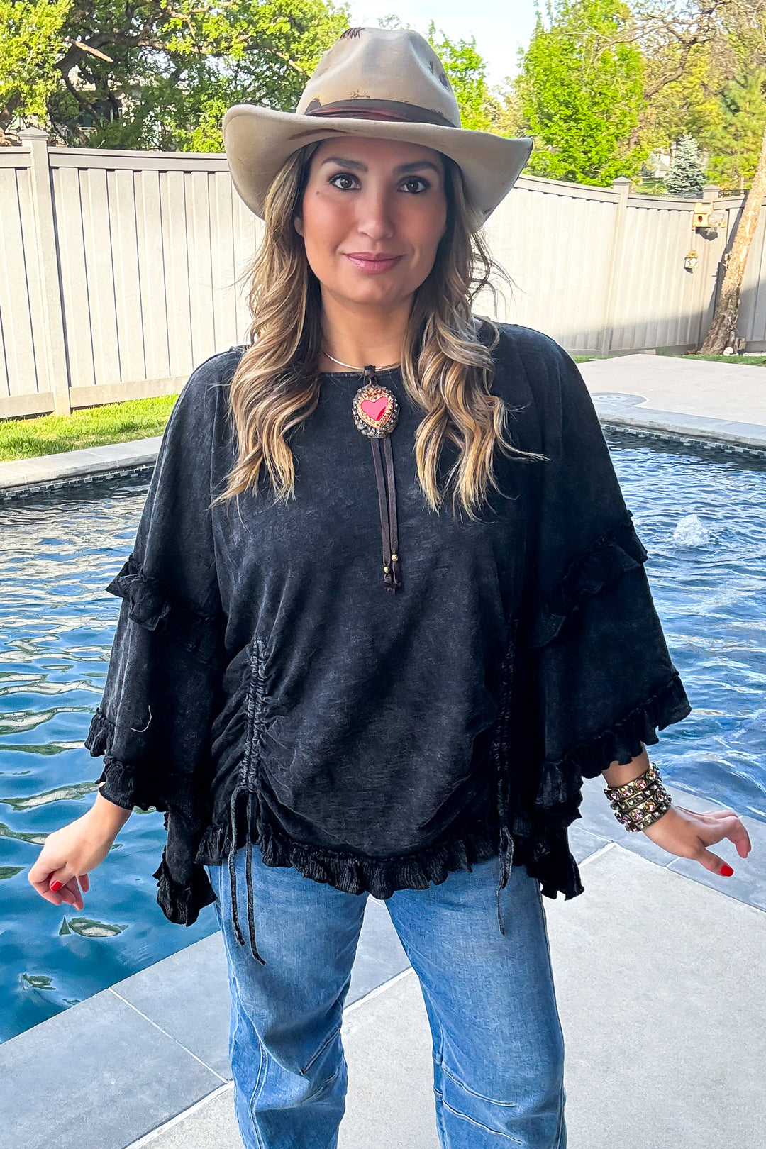 Midnight Ruffles Cinch Top - 100% Cotton  - Black - SALE
