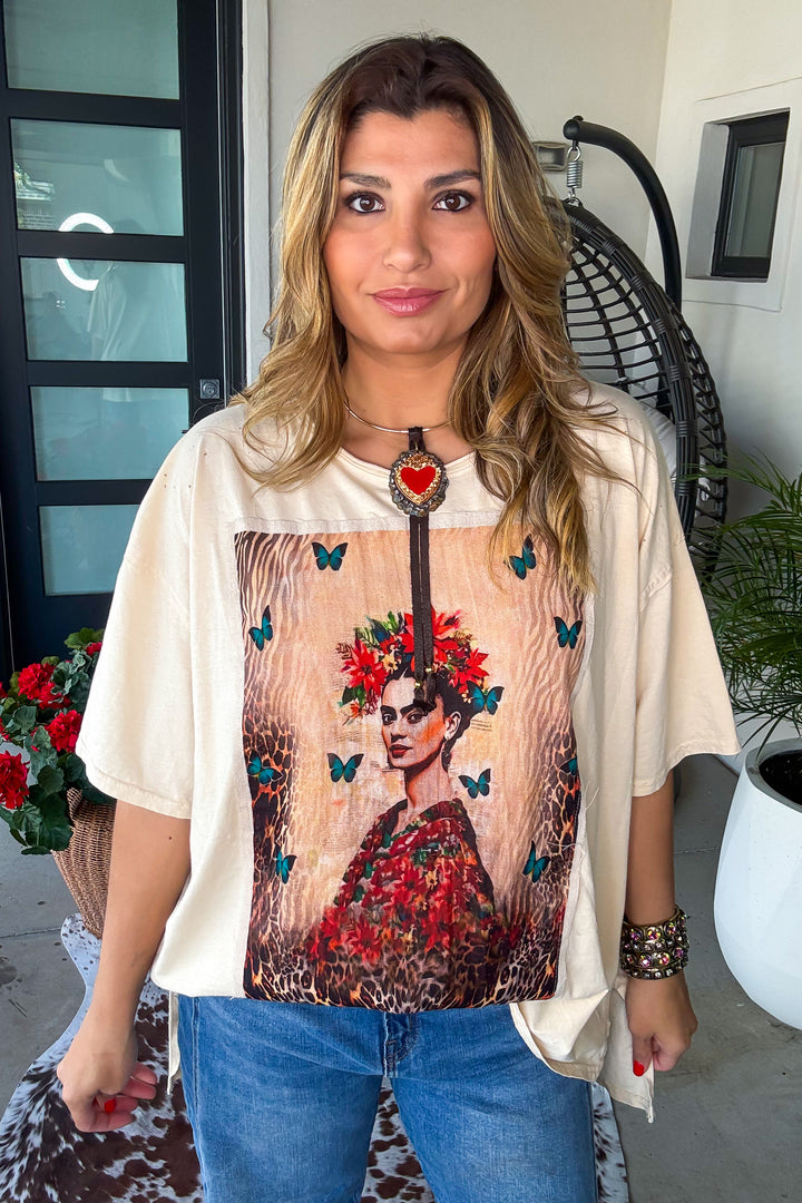 Frida Dreamer Distressed Crop Length Tee - 100% Cotton