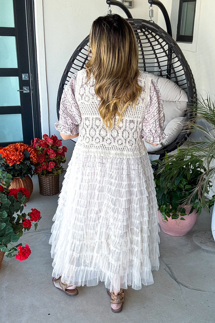 Crochet &amp; Tulle Ruffle Duster Vest - Natural - 100% Cotton