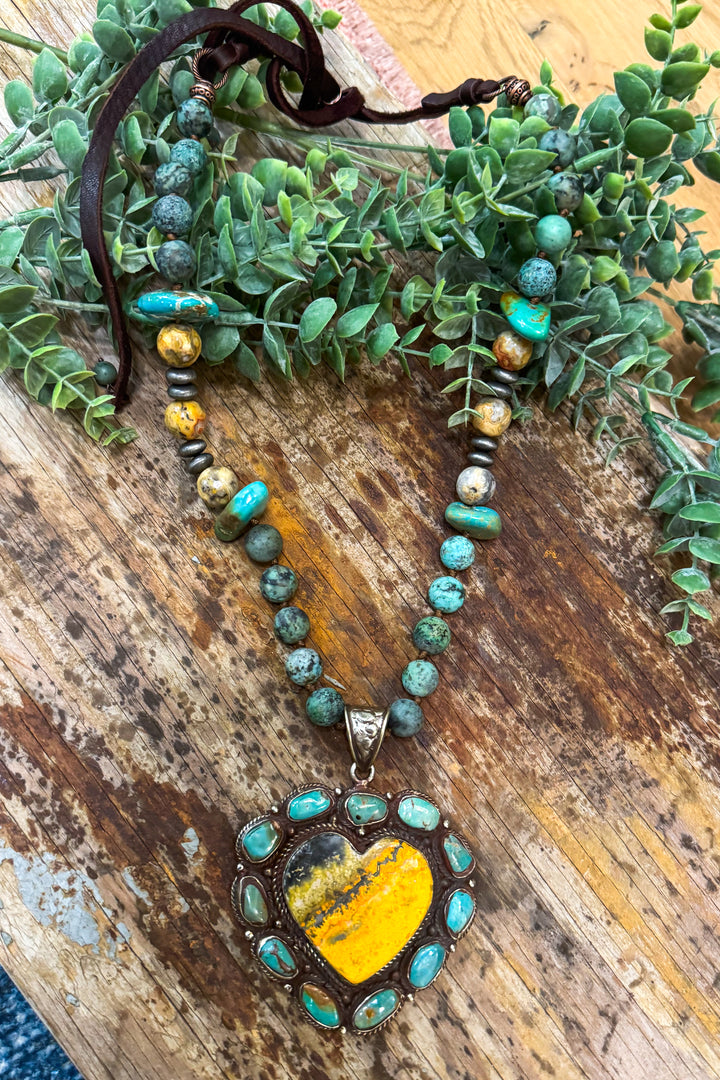 Genuine Turquoise and Bumblebee Jasper Heart Statement Necklace - handmade in Texas