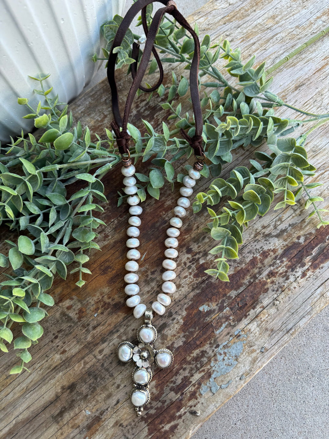 Handmade in Texas - Freshwater Pearl Necklace with Pearl Cross Pendant