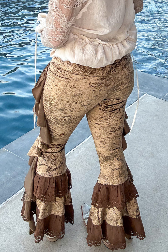 Velvet Butterfly Ruffled Leggings - Brown