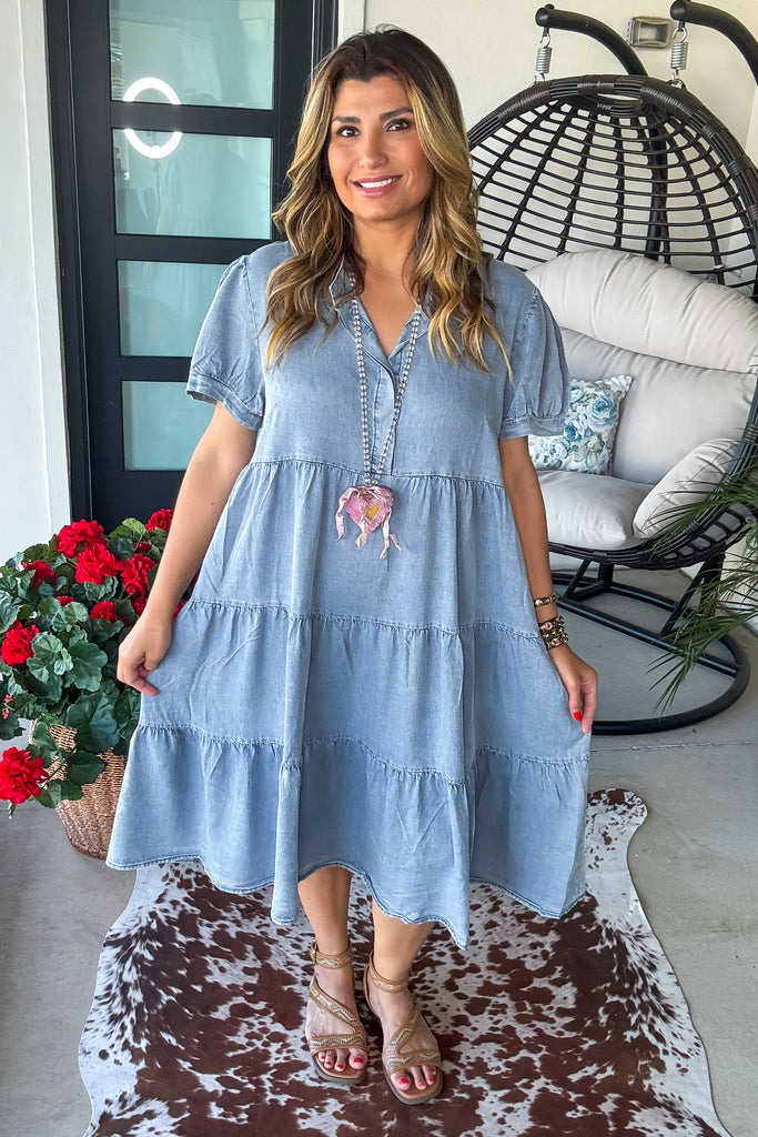 Cottage Charm Midi Denim Dress - Light Denim