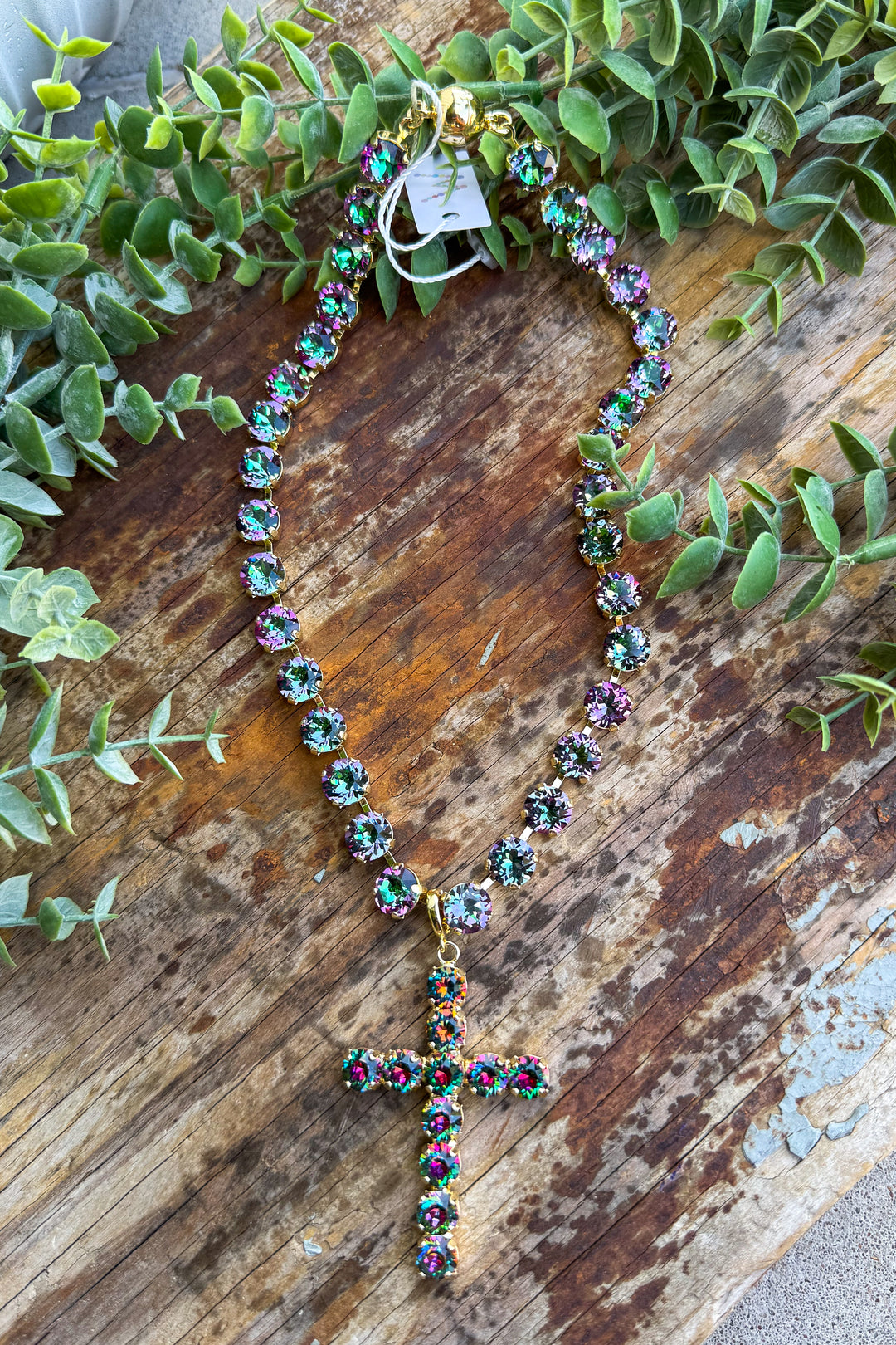 WAFA Austrian Crystal Cross Necklace - Green Purple Mix