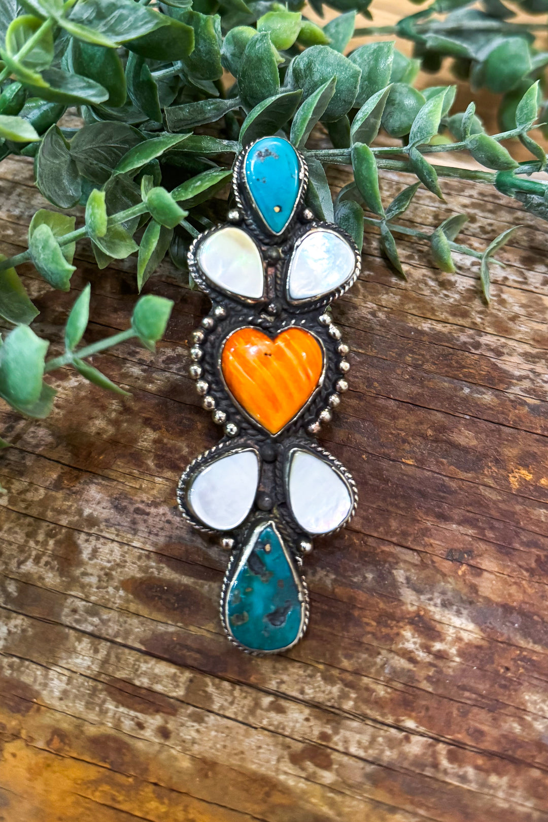 Turquoise Mother of Pearl and Spiny Oyster Heart Statement Ring