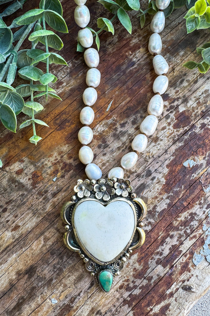 Handmade in Texas - Freshwater Pearl Necklace with Bone Heart Pendant and Turquoise