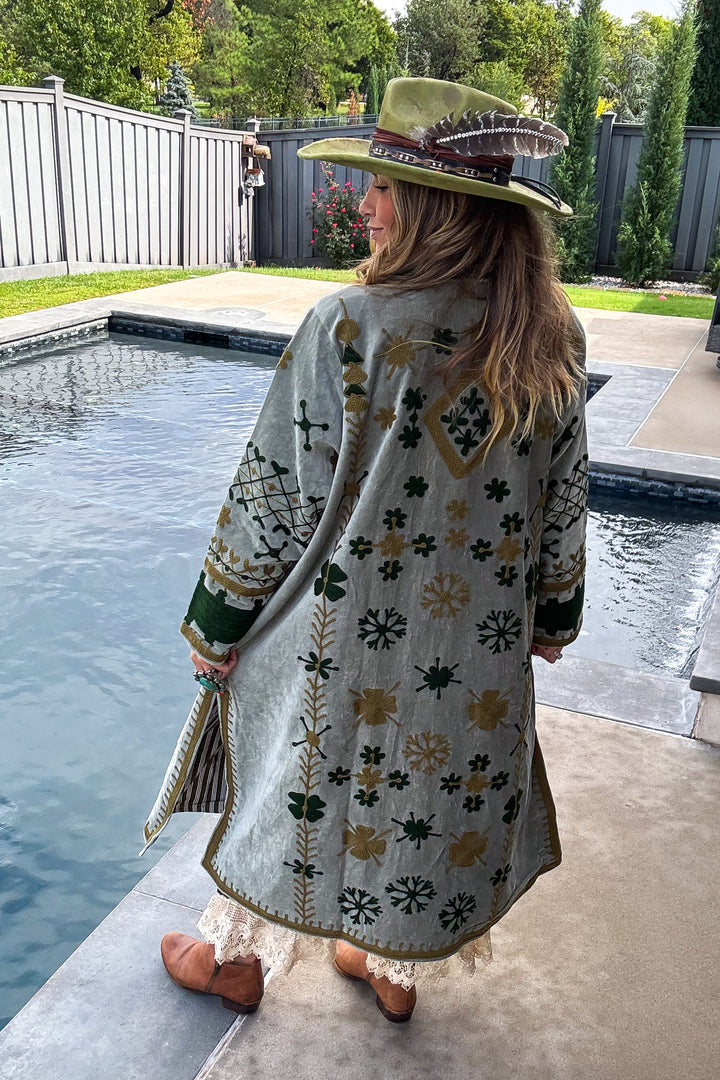 Velvet Green Embroidered Jacket - 100% Cotton