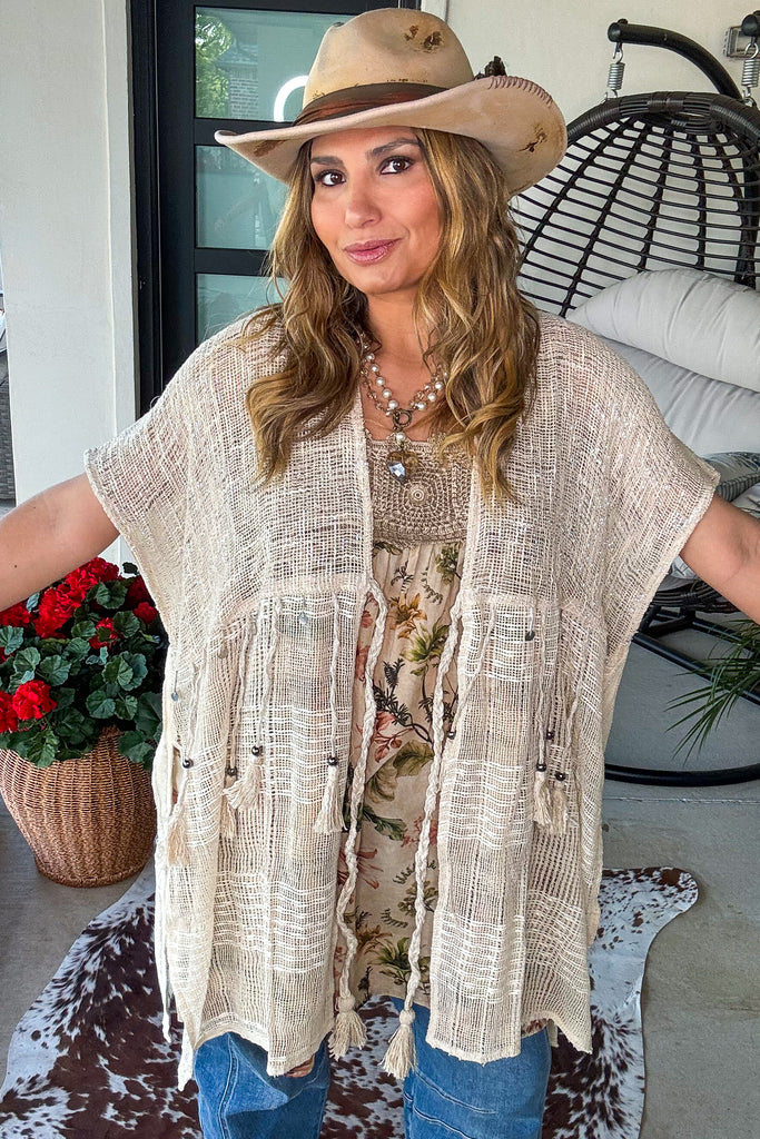 Starlit Sand Tie Front Cardigan - 100% Cotton - Natural