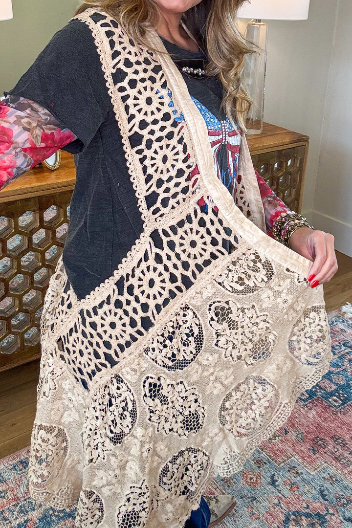 Vintage Lace Boho Vest  – High Low 100% Cotton Lace Duster