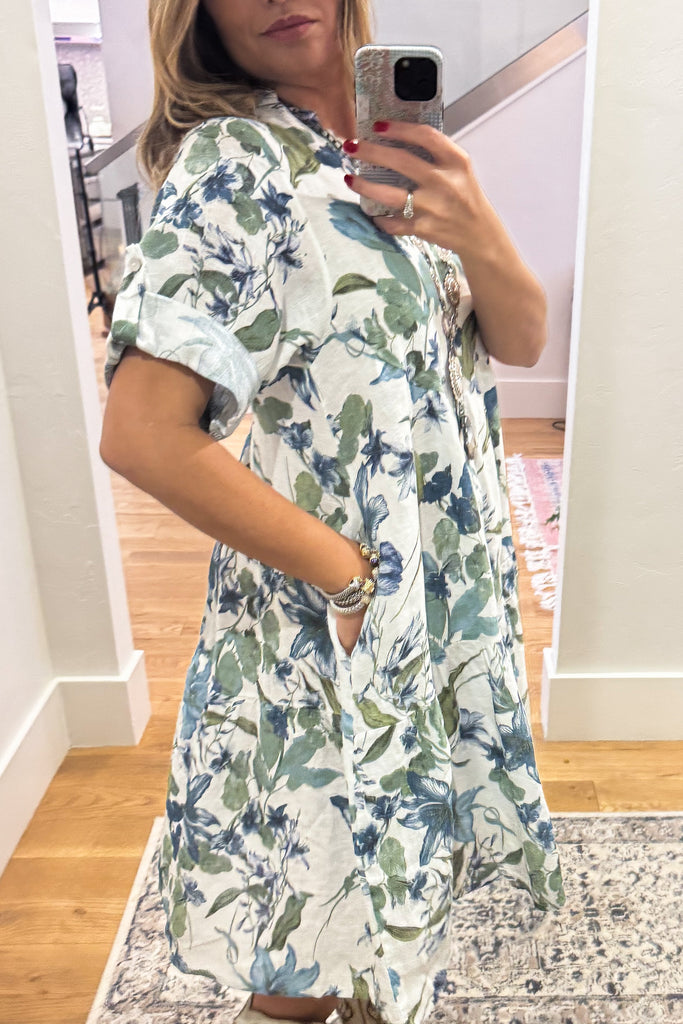Coastal Floral Linen Dress - Made In Italy - 100% Linen
