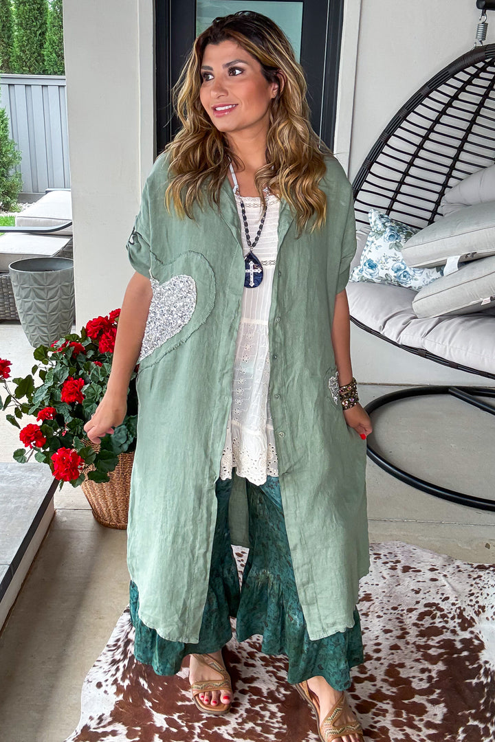 Sparked Affection Sequin Duster - 100% Linen - Army - Made in Italy