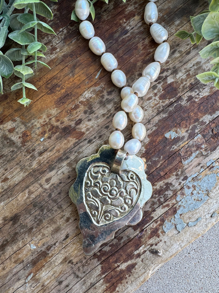 Handmade in Texas - Freshwater Pearl Necklace with Bone Heart Pendant and Turquoise