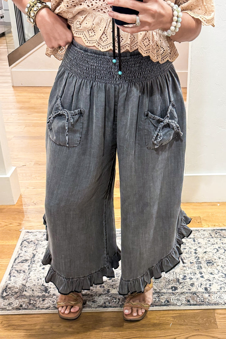 Smocked Ruffle Hem Side Tie Chambray Pants - Black Denim
