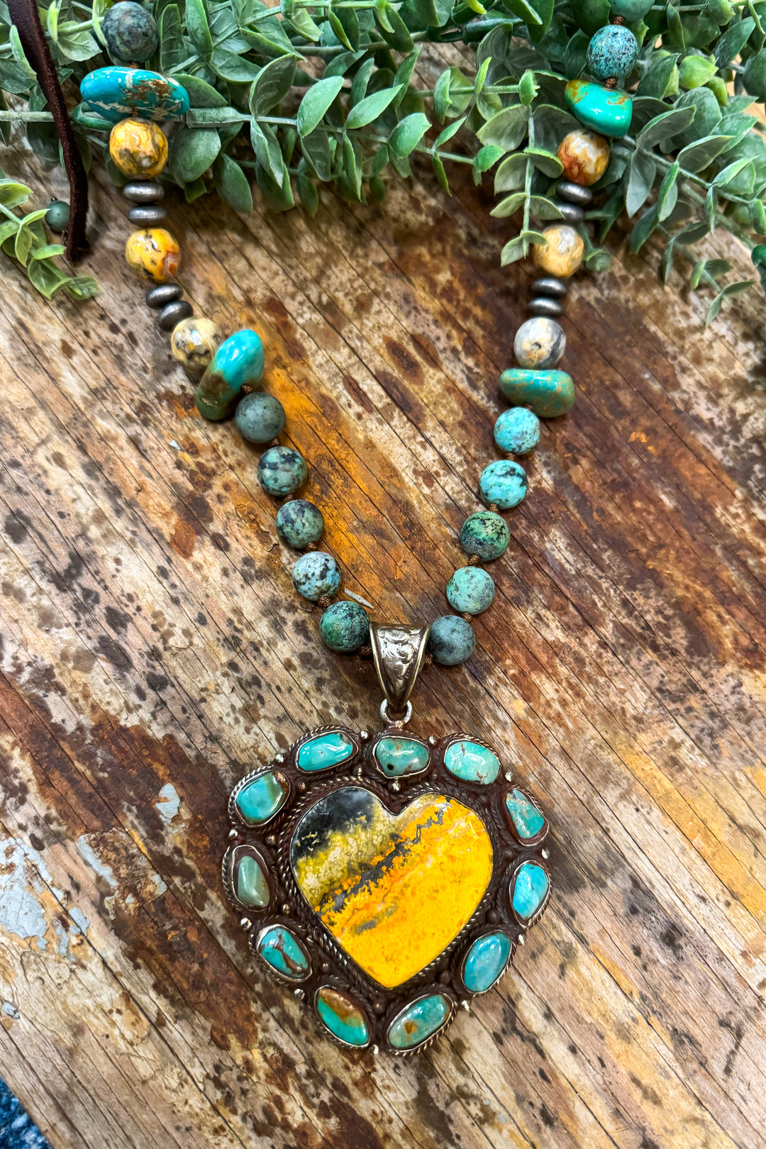 Genuine Turquoise and Bumblebee Jasper Heart Statement Necklace - handmade in Texas