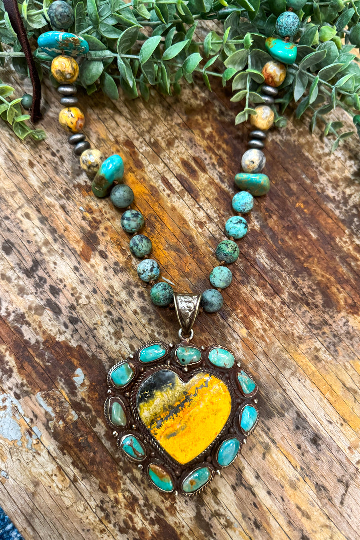 Genuine Turquoise and Bumblebee Jasper Heart Statement Necklace - handmade in Texas
