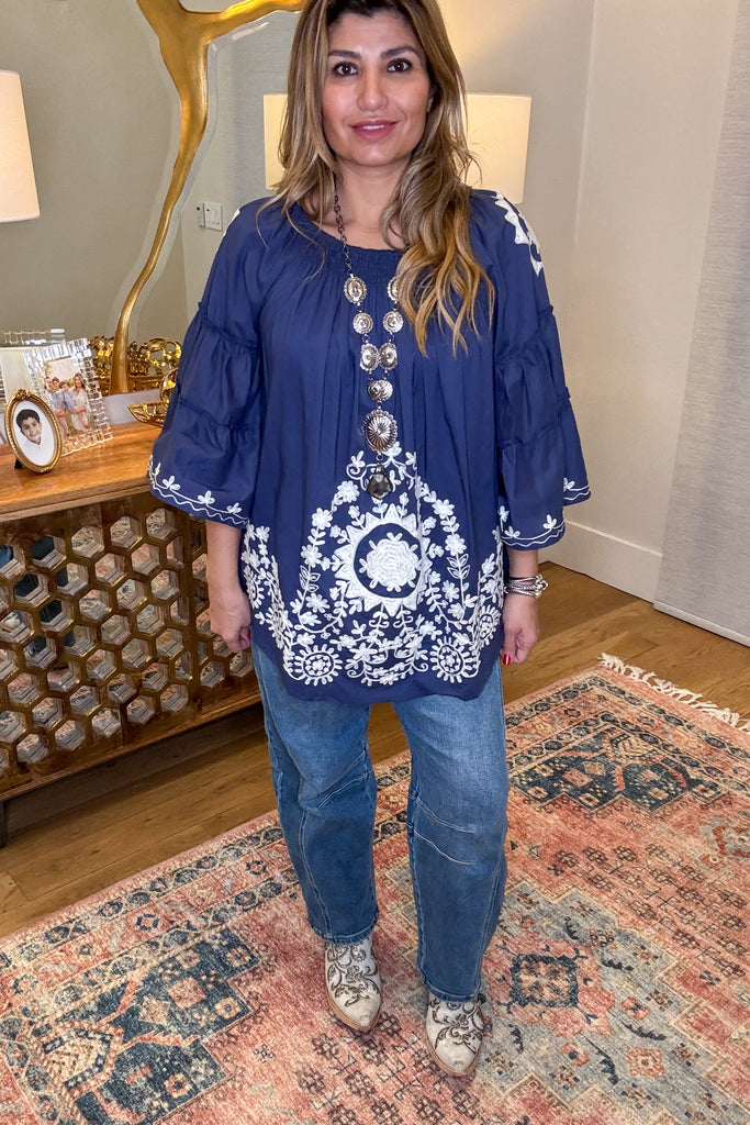 Bound By Love  Embroidered Top - Blue