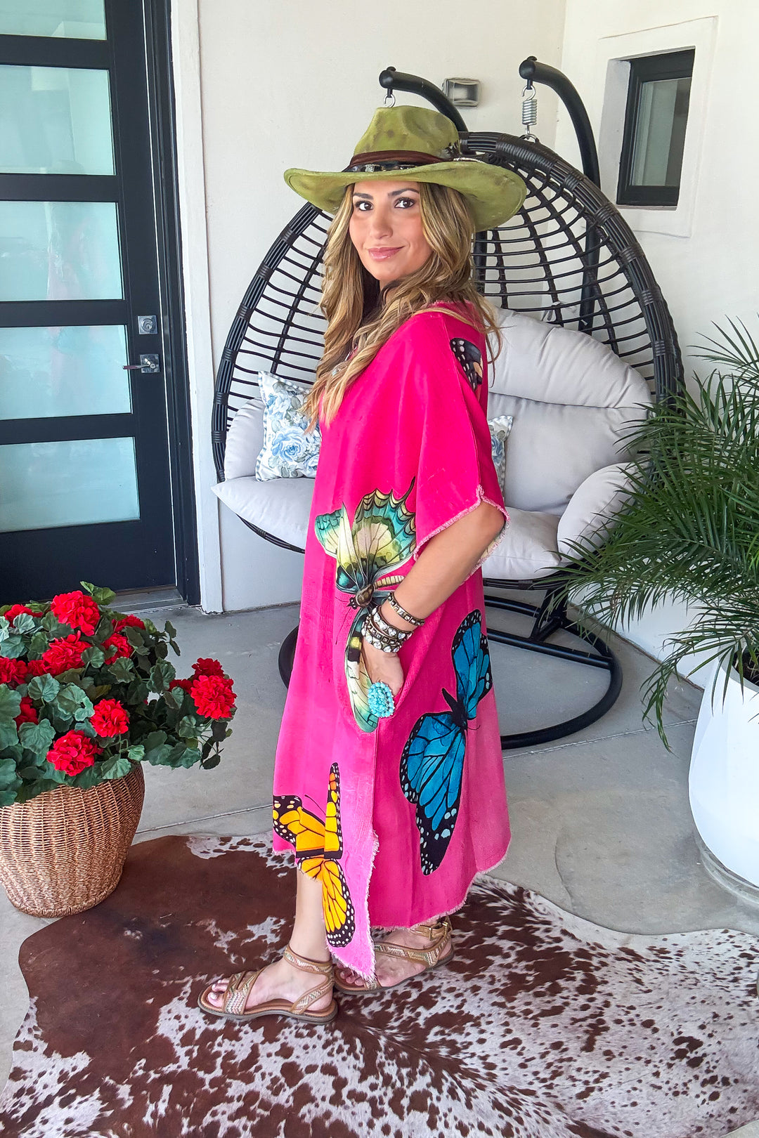 Butterfly Linen Feeling Dress/Tunic - 100% Cotton - Pink