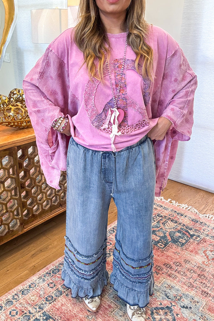 Frayed And Ruffled Denim Capris - Washed Denim