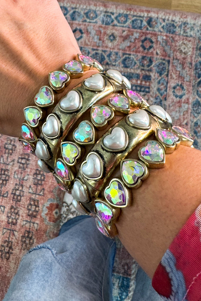 Gold Tone Pearl Heart Stretch Bracelet (EACH SOLD SEPARATELY)