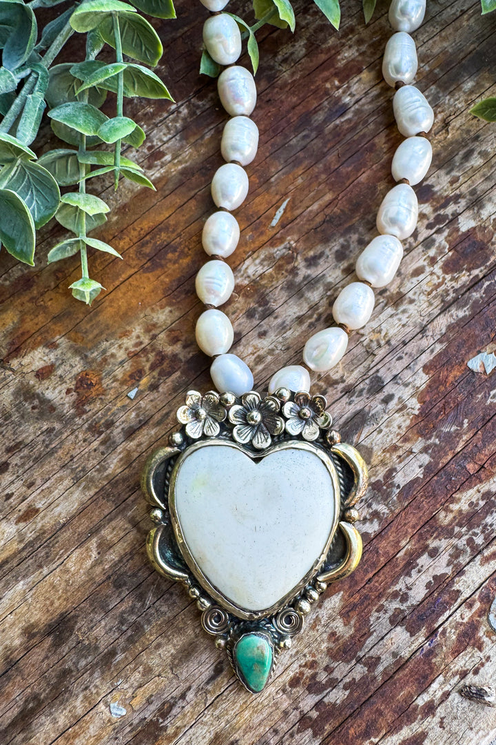 Handmade in Texas - Freshwater Pearl Necklace with Bone Heart Pendant and Turquoise