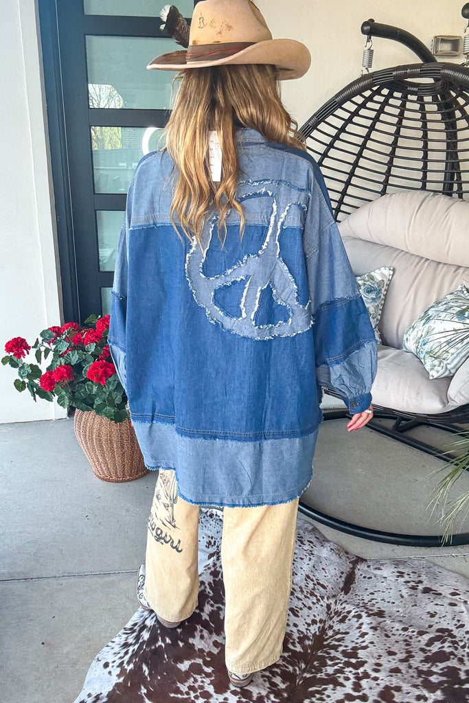Peace Sign Patchwork Denim Oversized Top - 100% Cotton