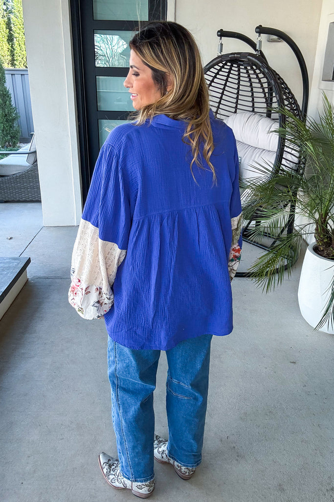 Patchwork Bloom Oversized Top - 100% Cotton  Blue