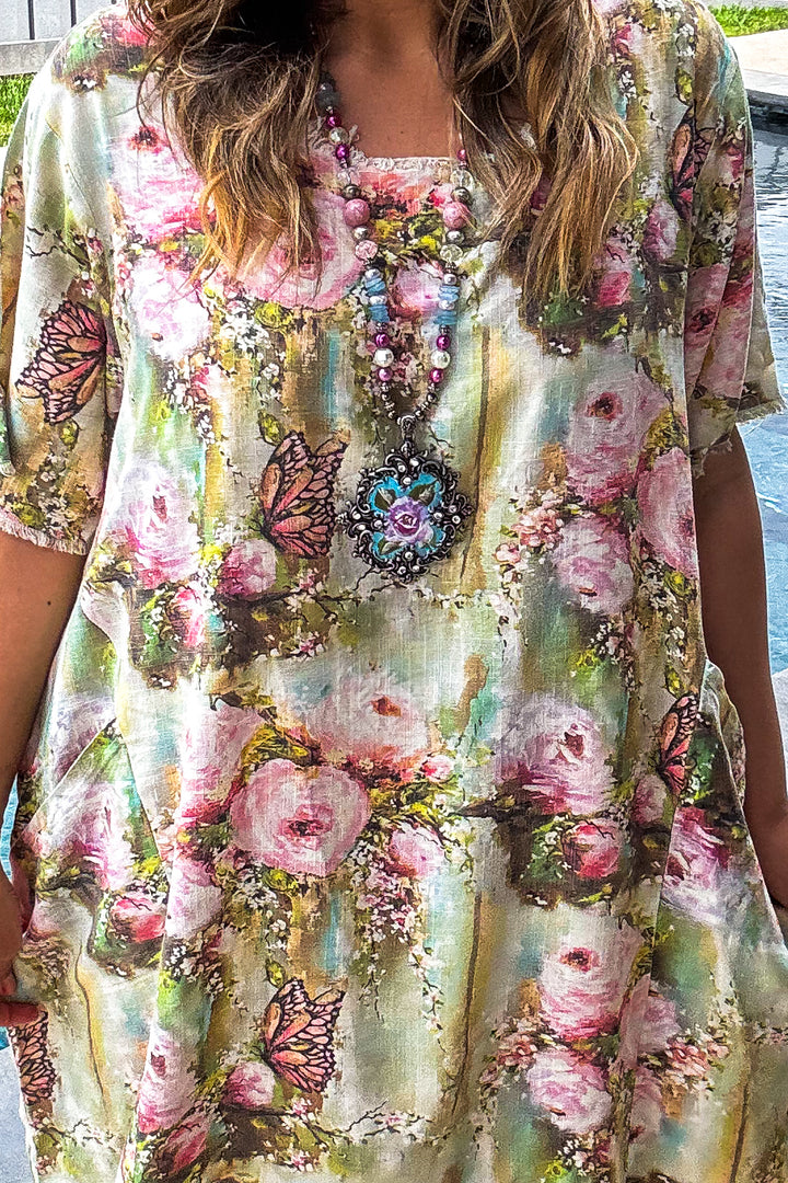 Butterfly Vintage Shabby Chic Linen Dress – Oversized Fit - 100% Linen