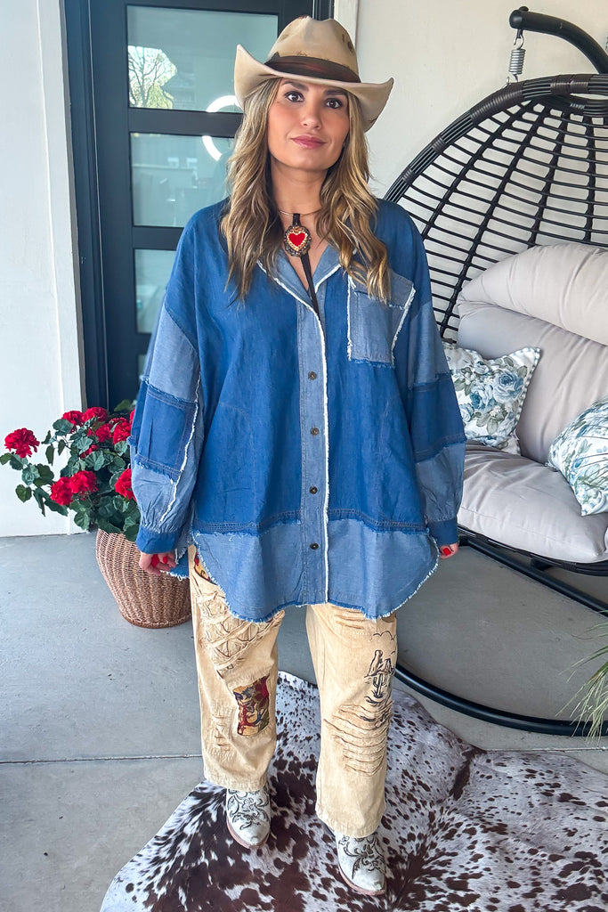 Peace Sign Patchwork Denim Oversized Top - 100% Cotton