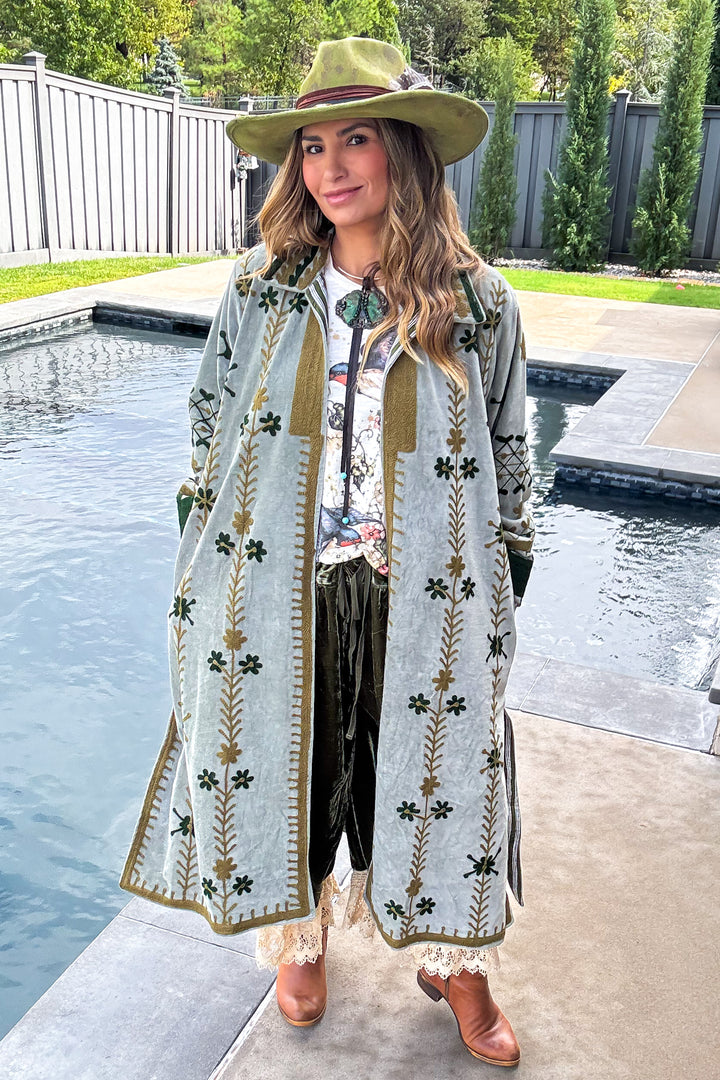Velvet Green Embroidered Jacket - 100% Cotton