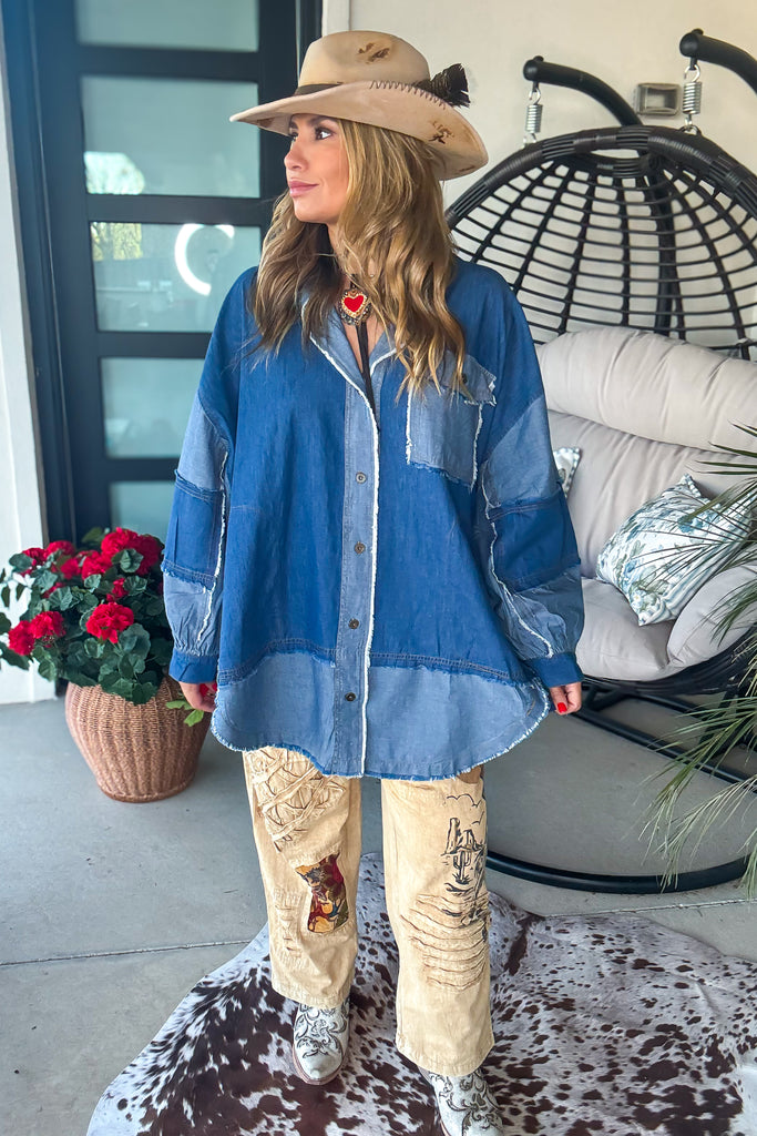 Peace Sign Patchwork Denim Oversized Top - 100% Cotton